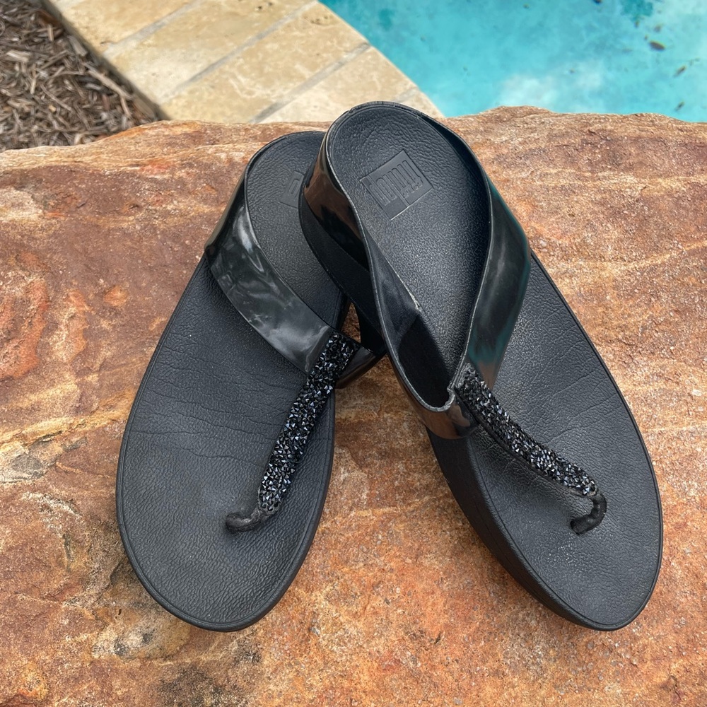 Fitflop “Finos Glitzy” Flip Flop Sandals Black with Beaded Detail
